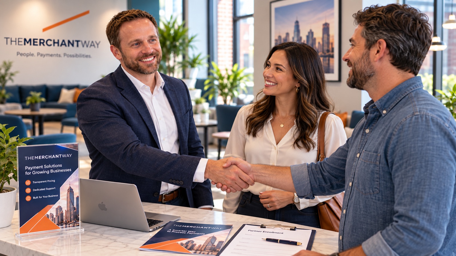 A Merchant Way representative shaking hands with two business owners at the front desk