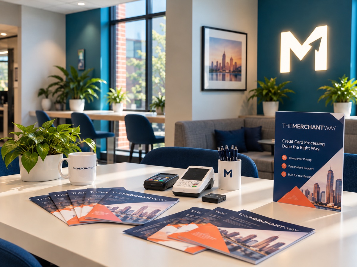 The Merchant Way office with brochures, card terminals and the M logo on the wall