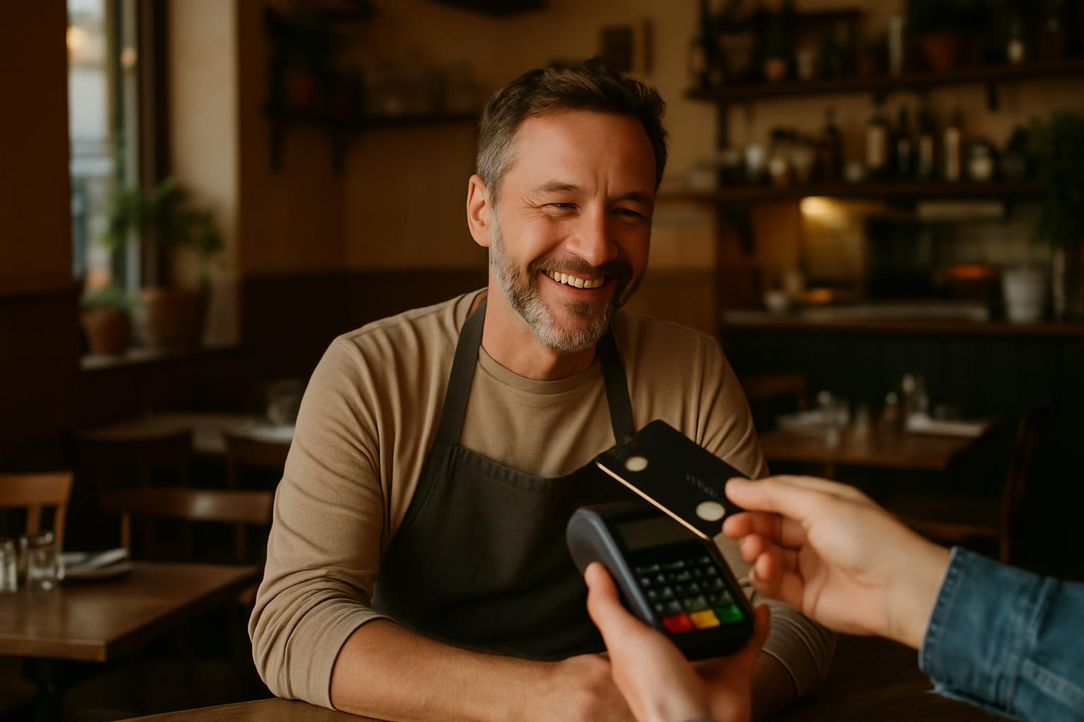 Restaurant owner smiling as a guest taps to pay at the counter